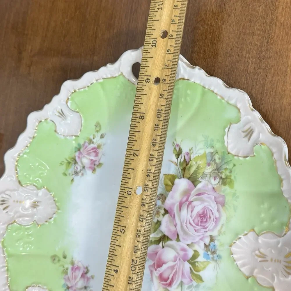 Antique Victorian Porcelain Handled Cake Plate Pink Roses Green Gold Gilt 10